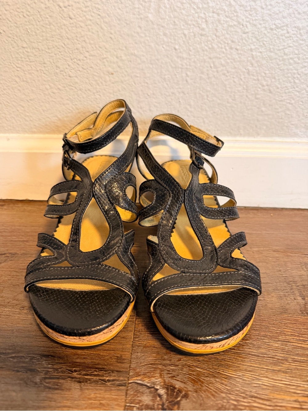 bussola Black Strappy Cutout Wedge Sandals with Ankle Buckle